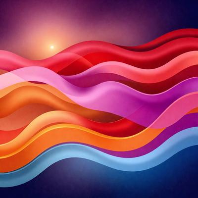 The primary subject of the image is a colorful wave pattern, featuring a mix of red, orange, blue, and yellow colors. The setting is a dark background, which contrasts with the vibrant colors of the wave pattern. The visual style appears to be a digital art or illustration, as the colors and patterns are well-defined and consistent throughout the image. The overall atmosphere is lively and energetic, with the bright colors evoking a sense of movement and dynamism.